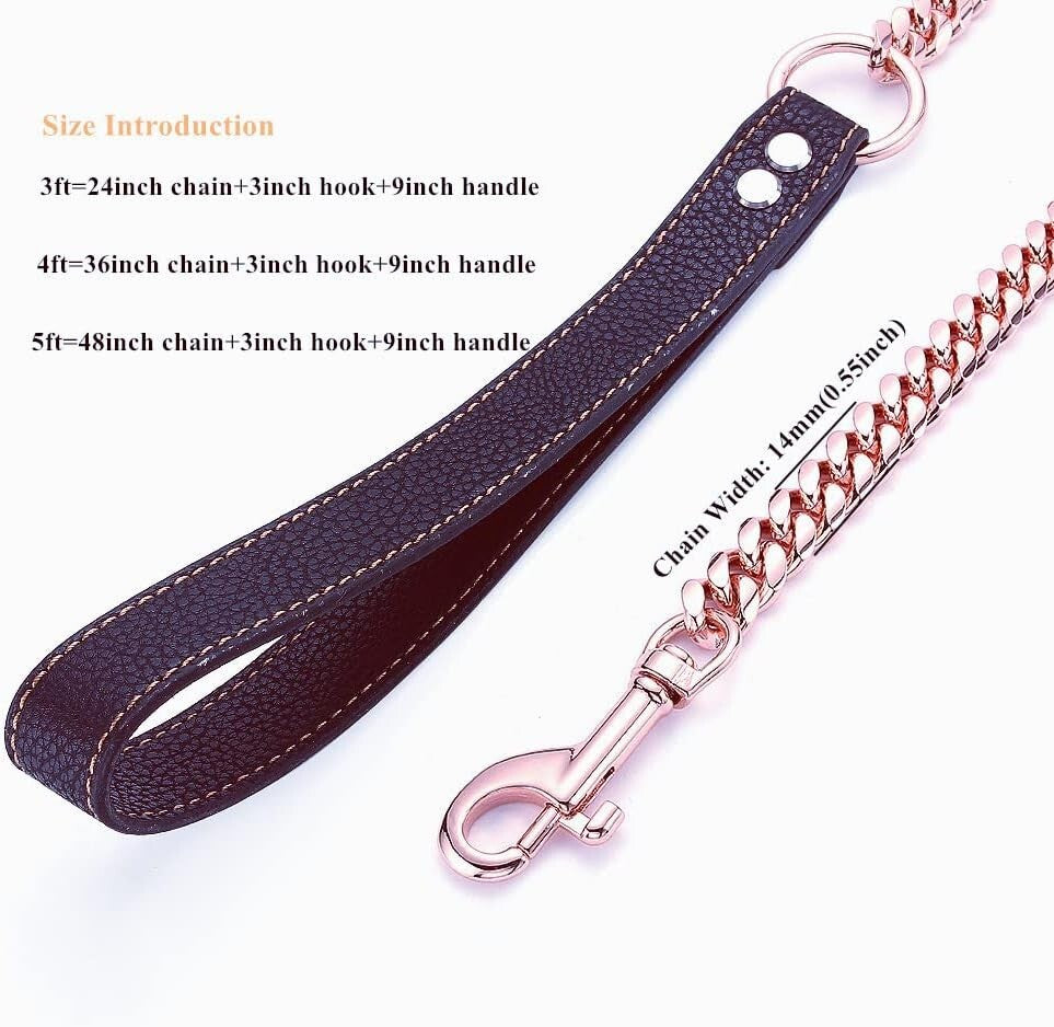 Rose Gold Chew Proof Dog Leash - Stylish 14MM Cuban Link - 3FT/4FT/5FT Options