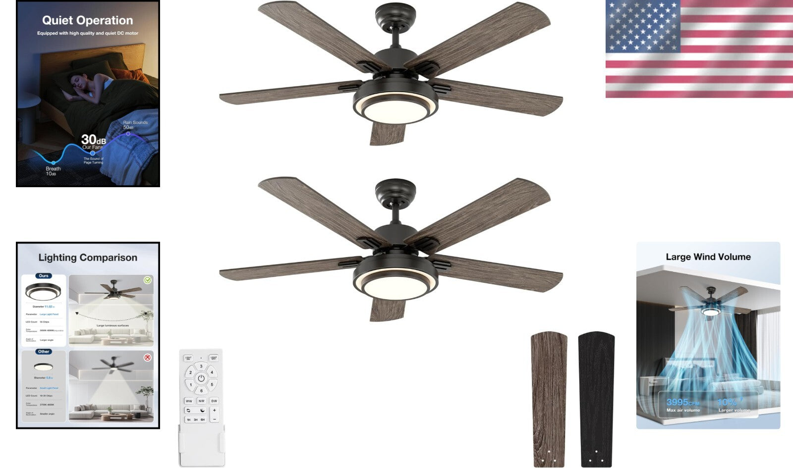 Versatile Ceiling Fans with LED Lights - 2 Pack, 52 Inch, Ideal for Home Decor