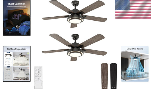 Versatile Ceiling Fans with LED Lights - 2 Pack, 52 Inch, Ideal for Home Decor