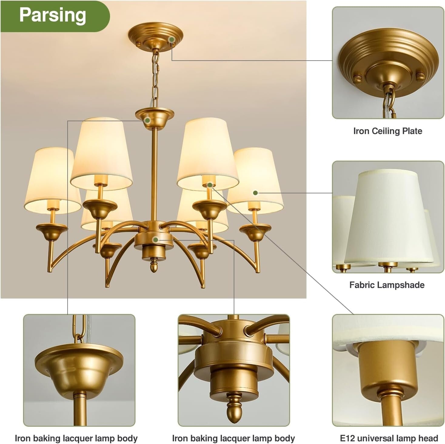 Elegant 6 Light Gold Pendant Chandelier with Fabric Shades - Modern Home Fixture