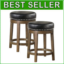 Load image into Gallery viewer, Set of 2 Rustic 360° Swivel Bar Stools - Faux Leather &amp; Solid Wood - 25 Inch