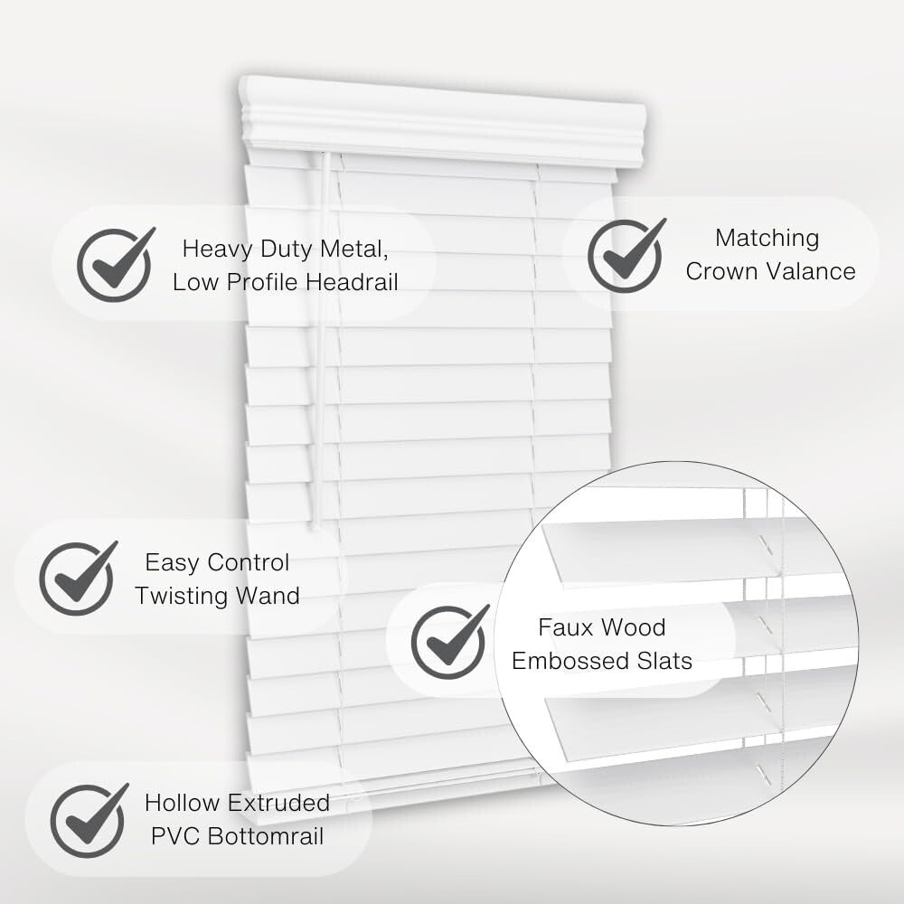 Durable 2" Cordless Faux Wood Blinds, Bright White, 35" x 72" - Easy Install