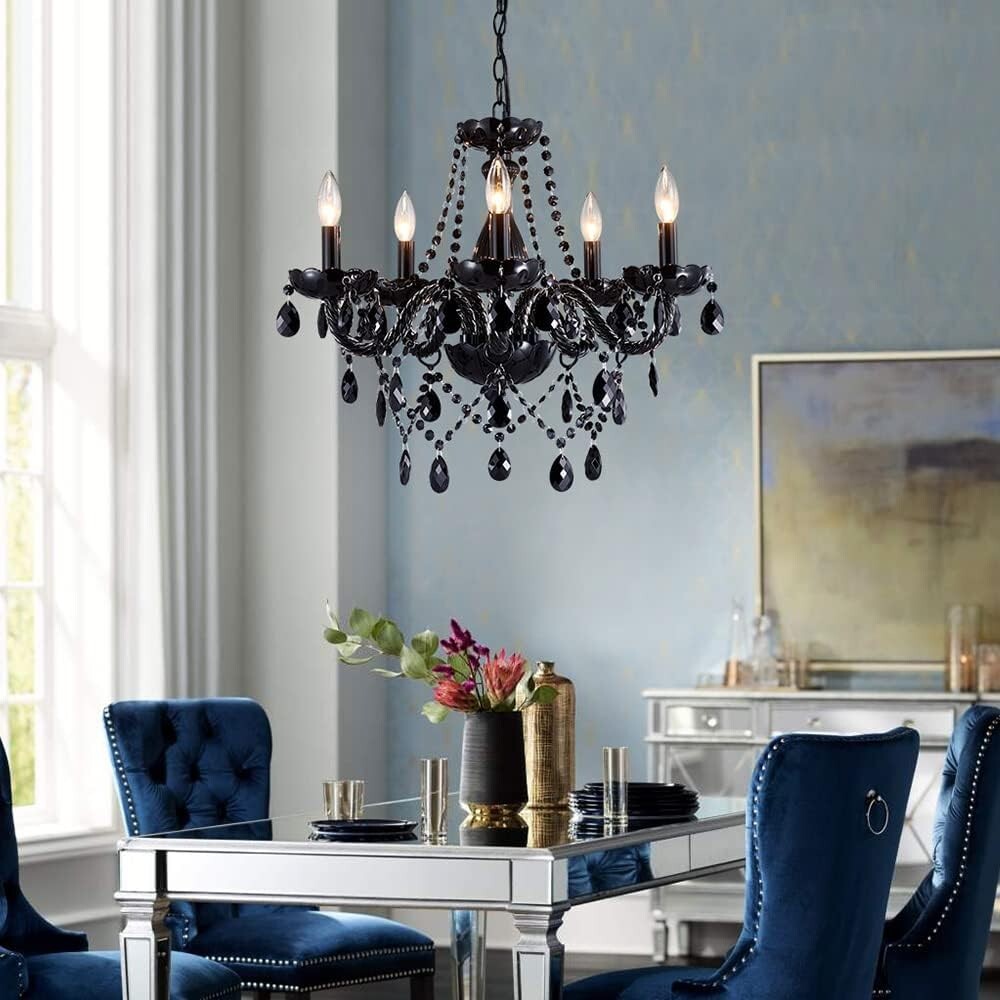 Adjustable Black Crystal Chandelier with 5 Dimmable Lights - 19" Ceiling Fixture