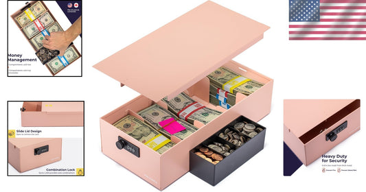 Heavy Duty Steel Cash Organizer Box - Portable Pink Design with Locking Features