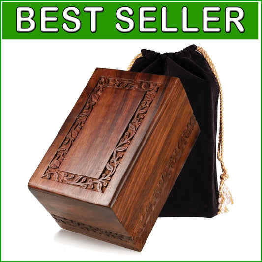 Intricate Engraved Rosewood Urn for Ashes - Memorial for Adults with Velvet Bag
