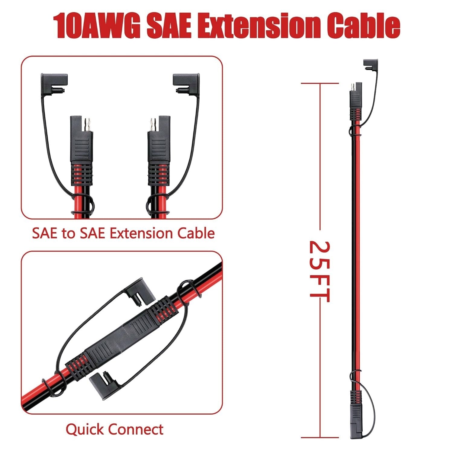 Durable 25FT SAE Plug-and-Play Extension Cable - Ideal for Solar & Automotive