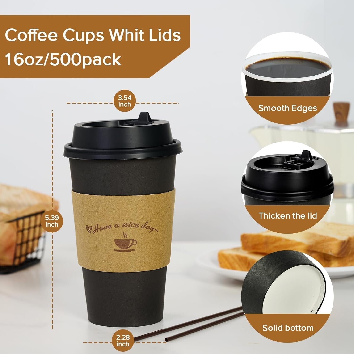 Bulk 500 Black Hot Paper Coffee Cups with Lids and Sleeves for Home & Travel