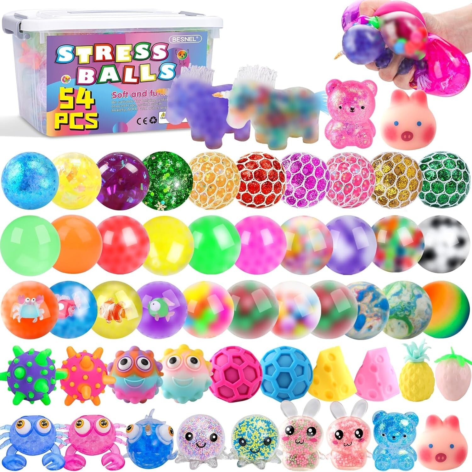 54 Variety Pack Stress Balls - Non-Toxic Stress Relief Fidget Toys for Gifting