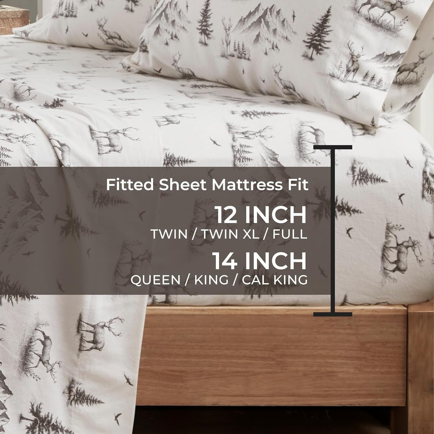 Cozy 100% Cotton Flannel Sheet Set in Gray Deer Toile - Full Size Comfort