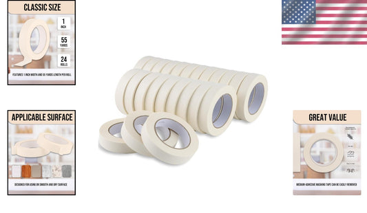 Durable 1 Inch Beige Masking Tape - 24 Rolls of 55 Yards Each for Versatile Use