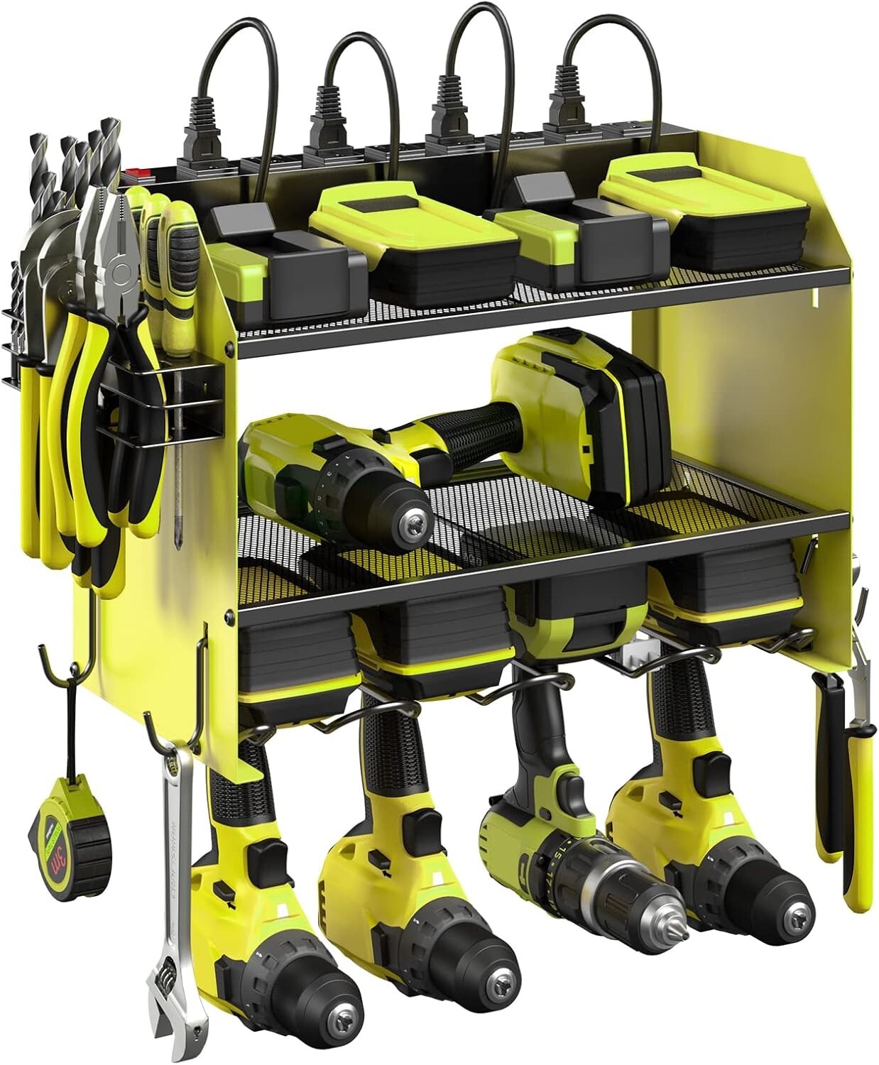 Efficient Power Tool Wall Organizer with 4 Slots, Hooks, and Surge Protection