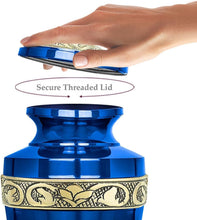 Load image into Gallery viewer, Beautiful Decorative Burial Urn for Adult Ashes - Blue and Gold Aluminum Finish