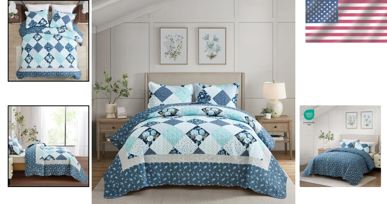 Luxury King Size Quilt Set - Lightweight Floral Bedspread with Scalloped Edge