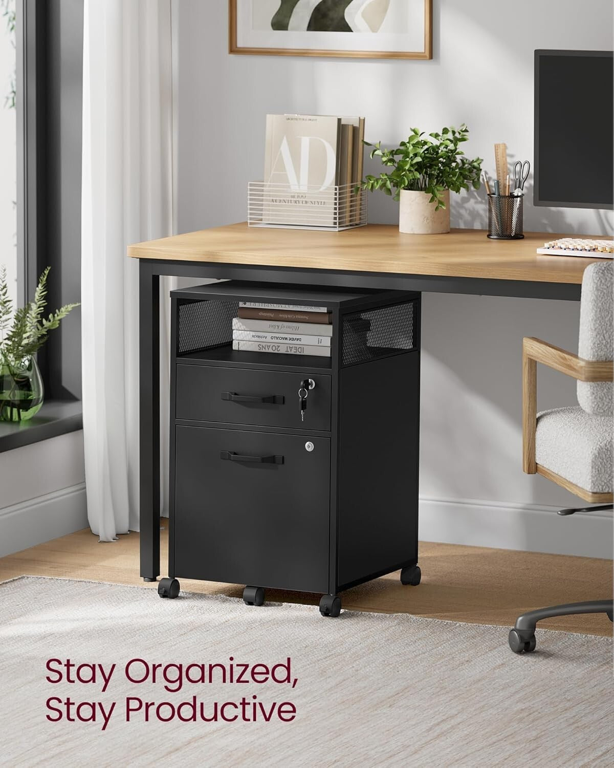 Sleek Mobile File Cabinet with Locking Drawers & Open Shelf - A4 & Letter Size