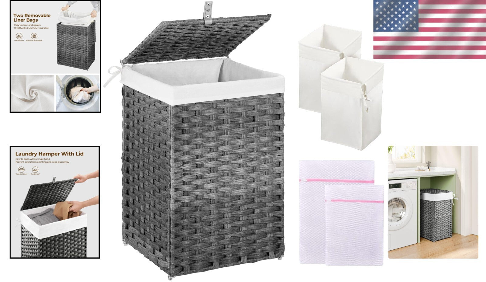 Elegant 60L Handwoven Rattan Laundry Hamper with Dual Liner Bags & Mesh Bags