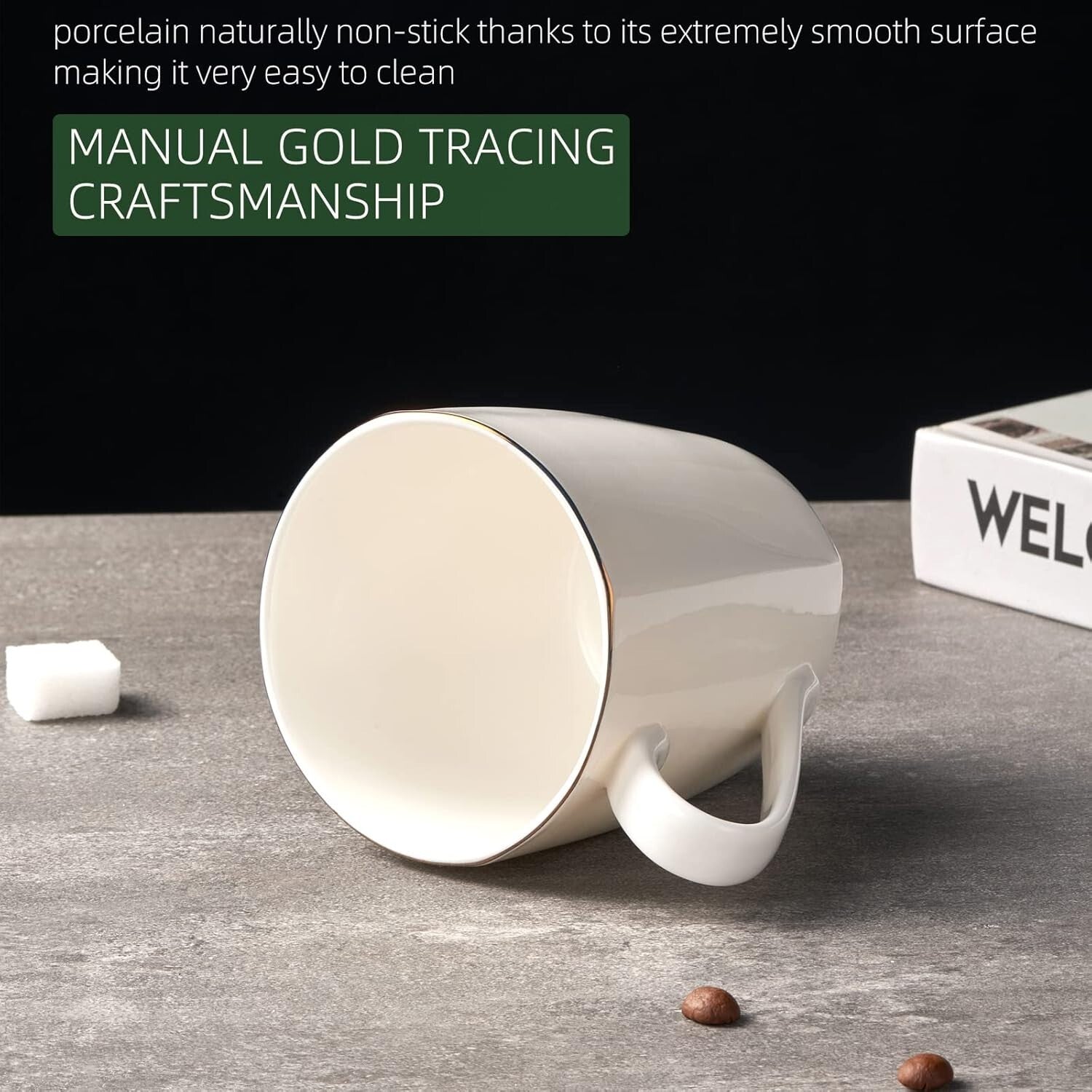 Elegant Set of 6 Gold Trim Fine Bone China Coffee Mugs - 10oz White Porcelain