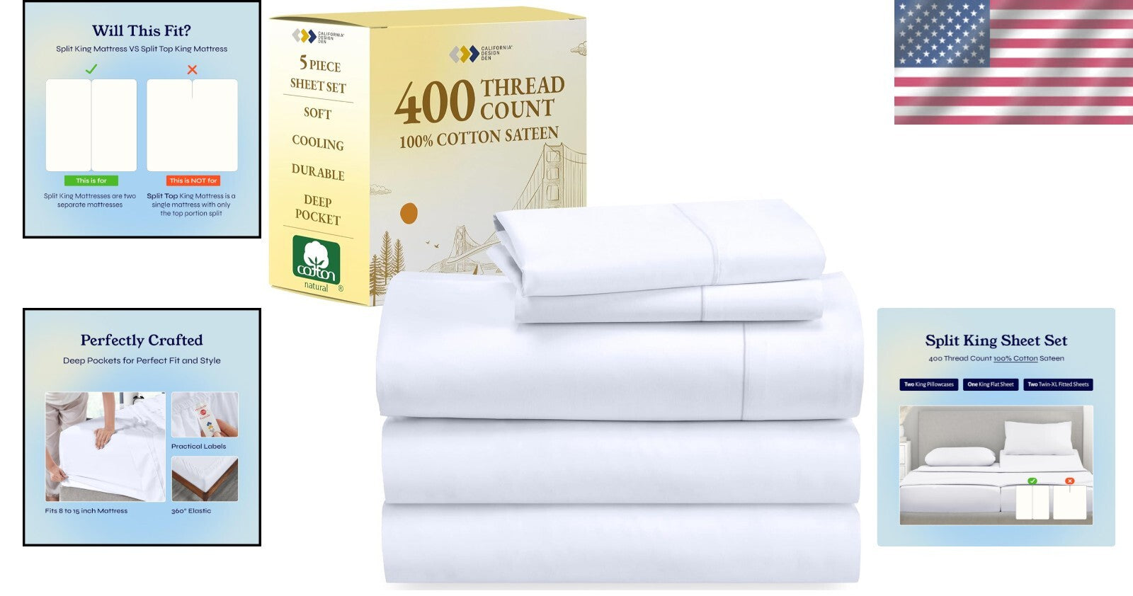 Breathable & Soft 400 TC Split King Sheets with Deep Pockets - Ultimate Comfort