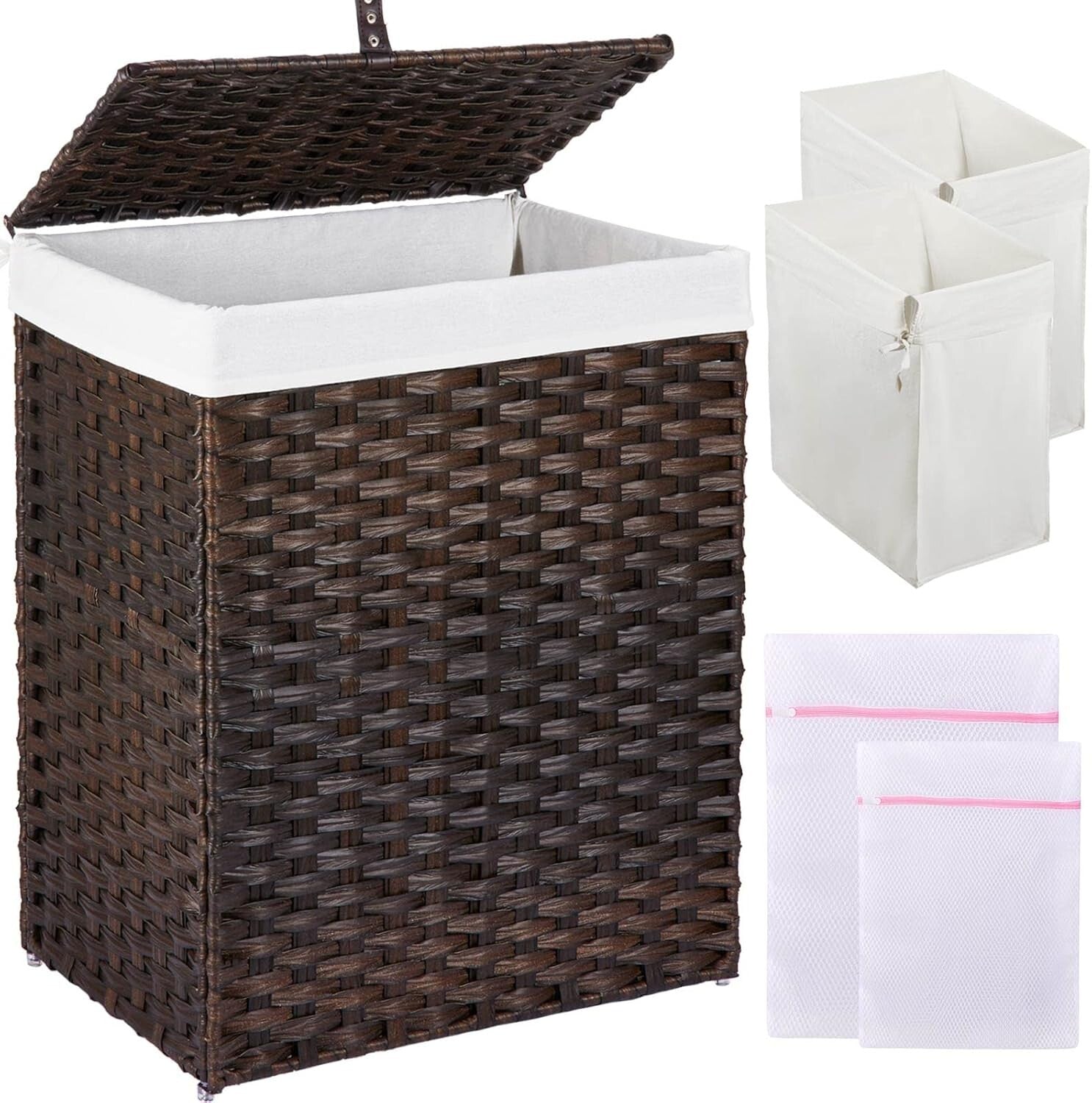 Chic Brown Laundry Basket with Lid & 2 Washable Bags - 90L Stylish Storage