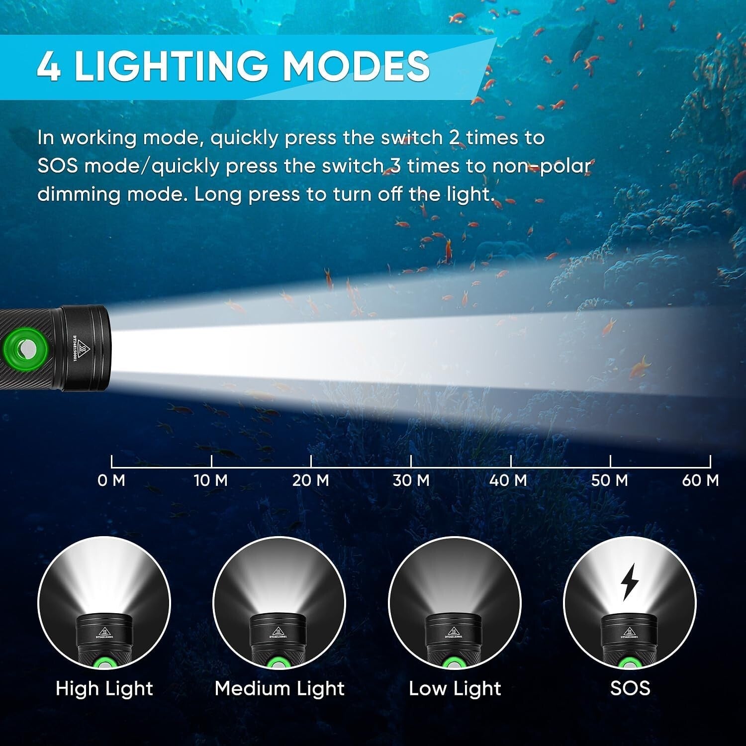 High-Power 4-Mode Waterproof Scuba Flashlight with Power Indicator for Divers