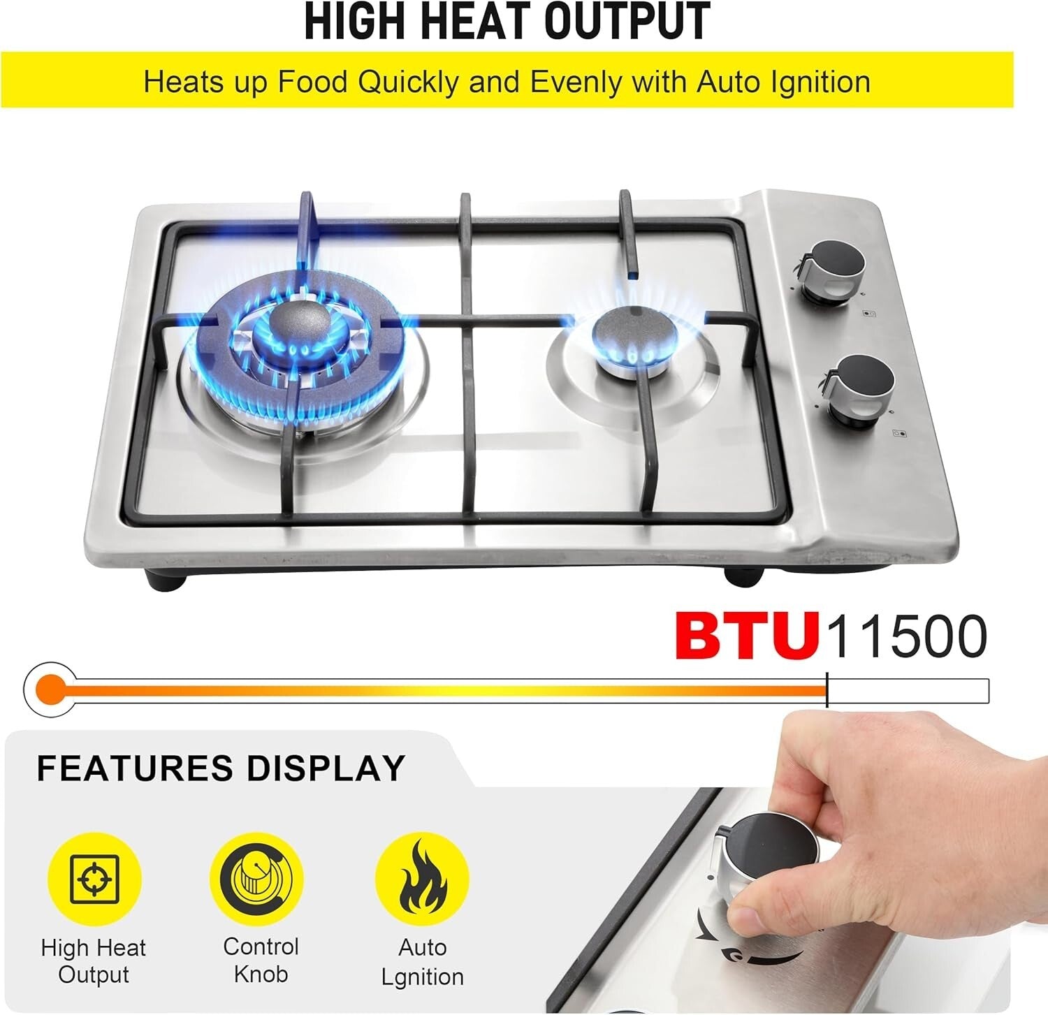 Stylish 12" Gas Cooktop - 2 Burner Drop-In Stove for Modern Kitchens & BBQ Areas