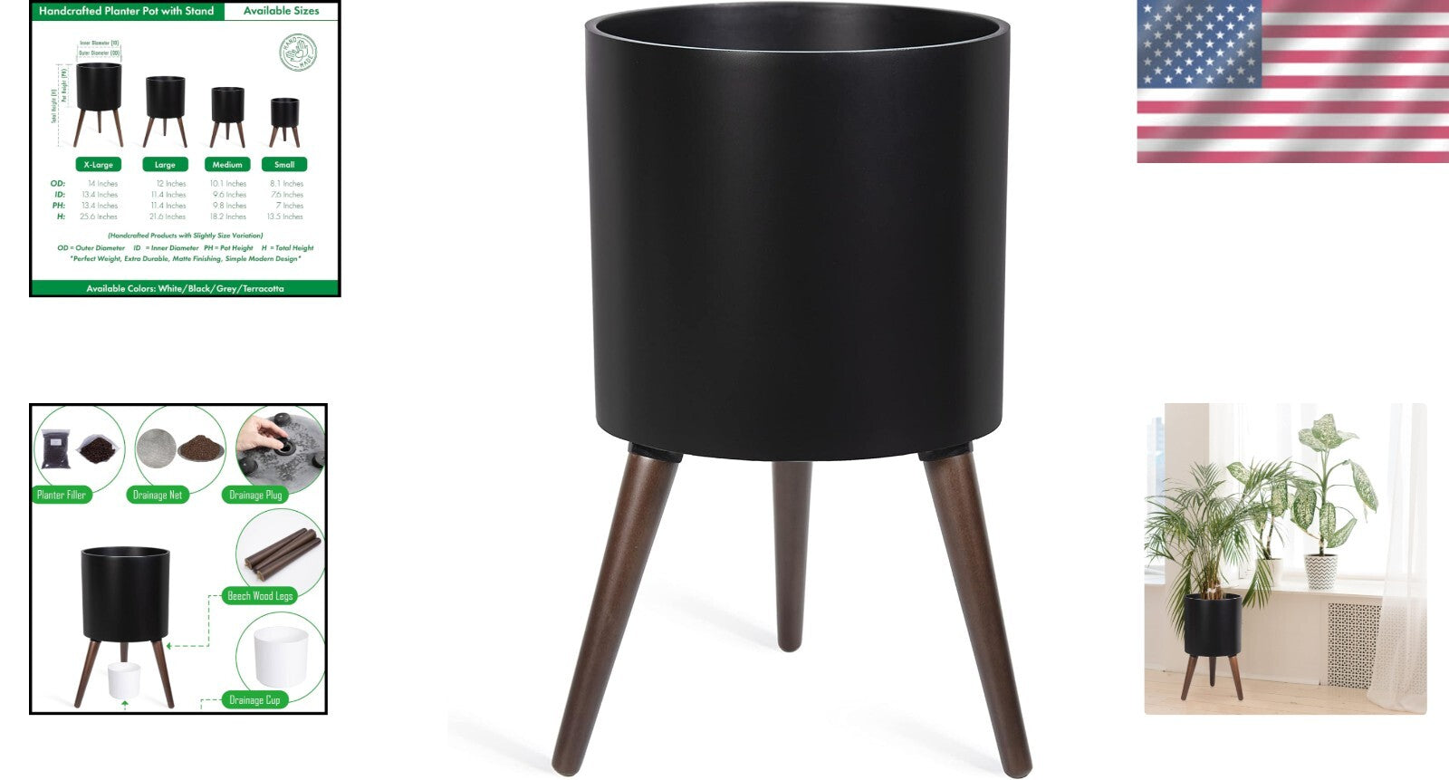 Elegant 12 Inch Indoor Planter Pot with Drainage and Stylish Wooden Stand