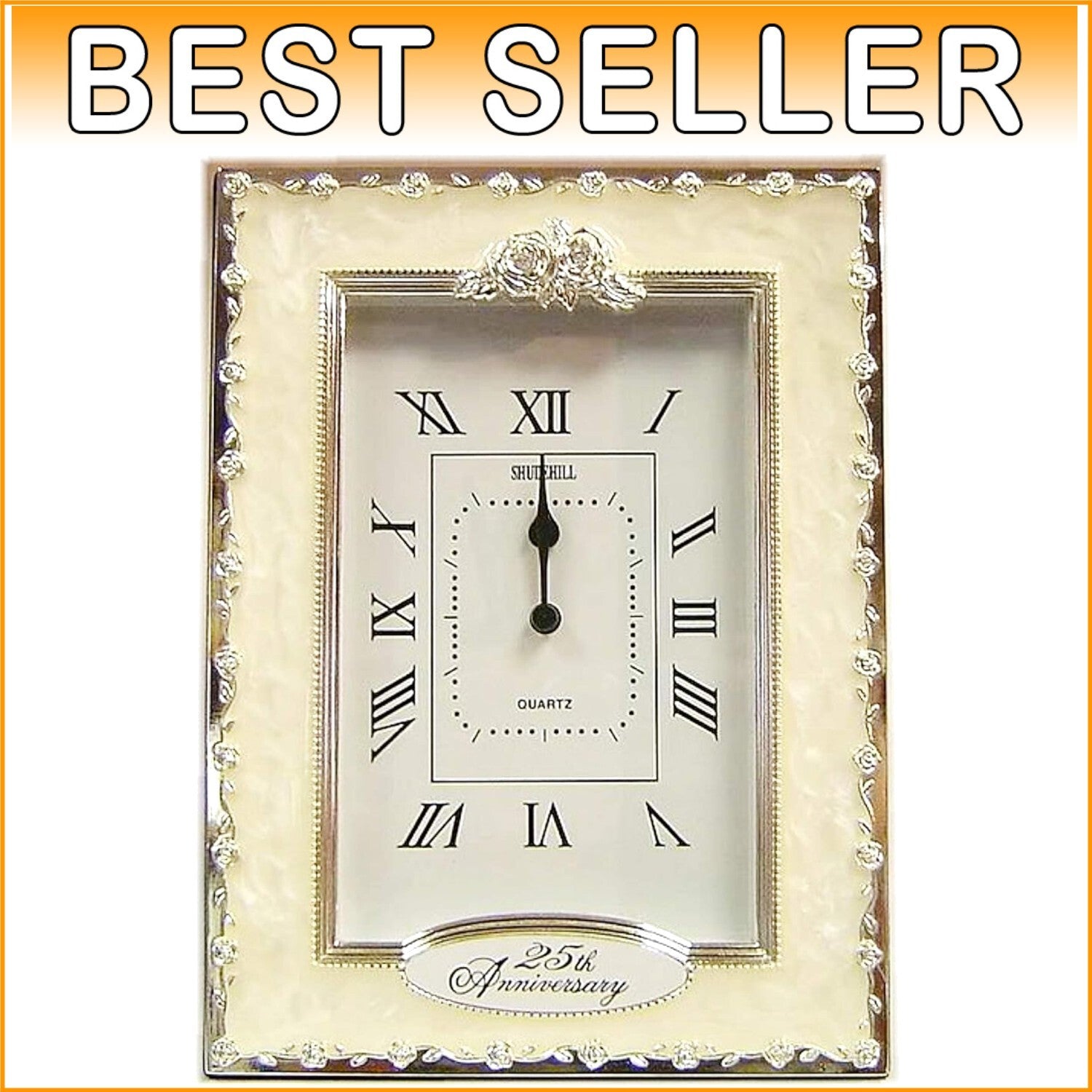Beautiful Free-Standing 25th Anniversary Quartz Clock - Silver Floral Design