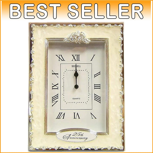 Beautiful Free-Standing 25th Anniversary Quartz Clock - Silver Floral Design
