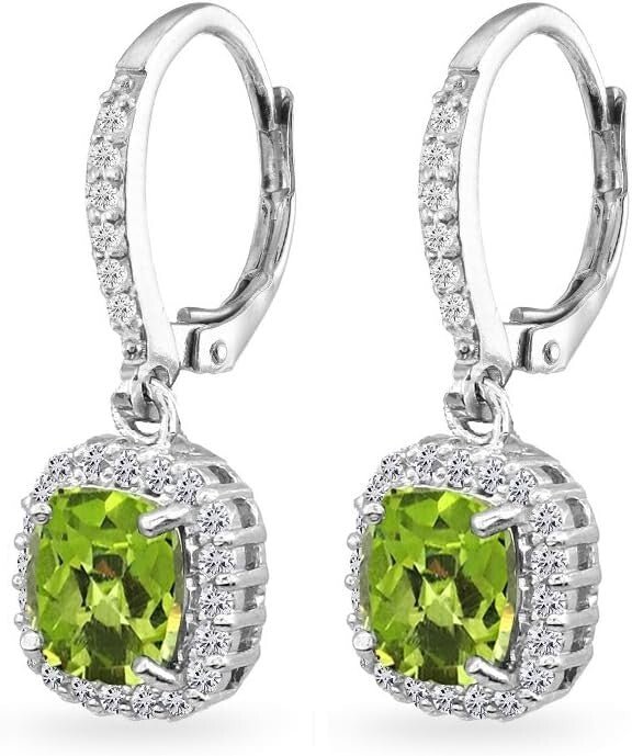 Sterling Silver Drop Earrings with Colorful Cushion-Cut Gemstones & Halo Accents