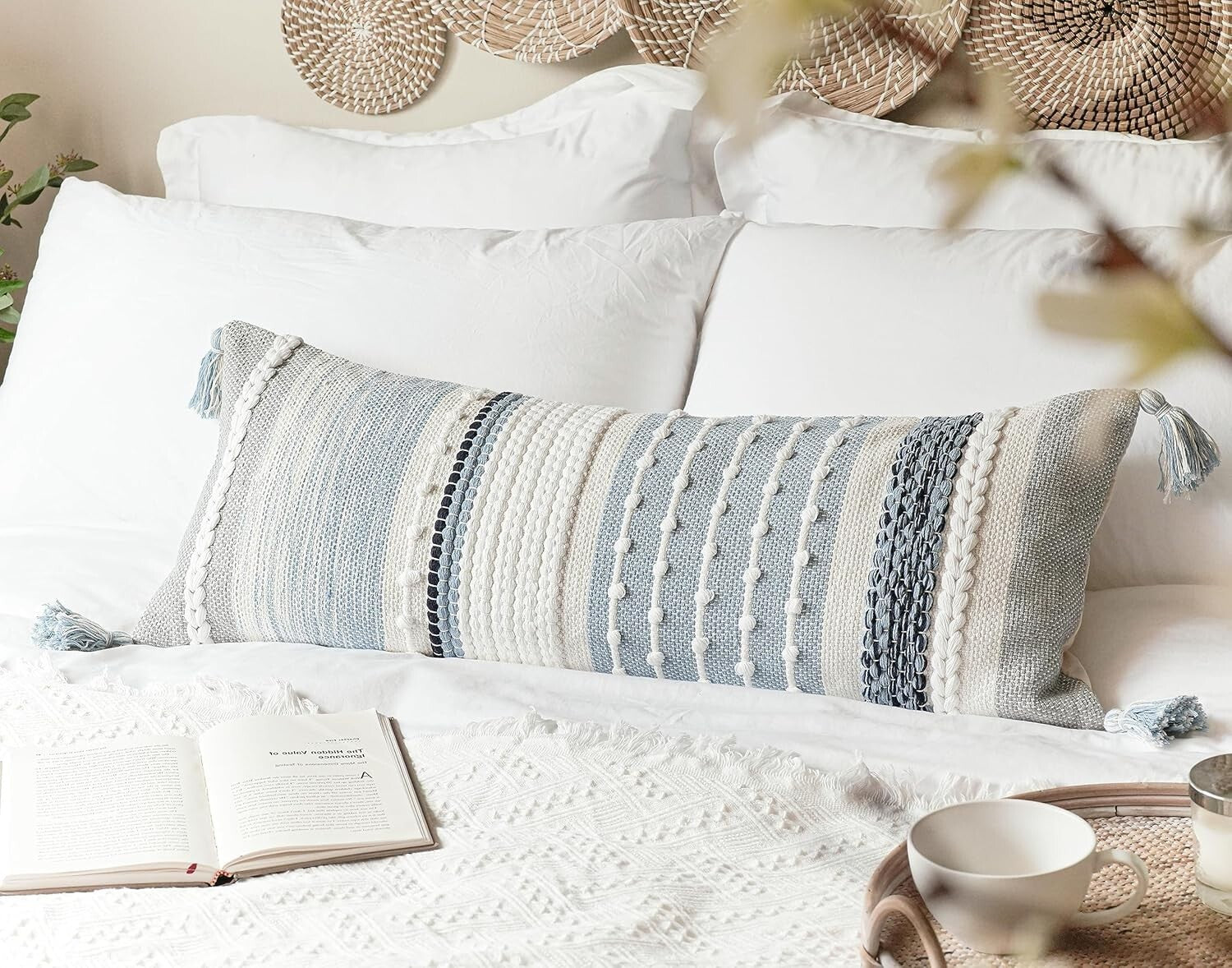 Artisan-Made 14x36 Coastal Blue Decorative Lumbar Pillow Cover for Modern Spaces