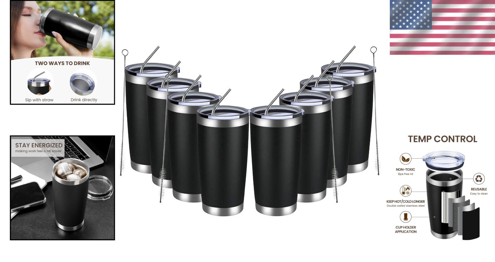 Durable 20oz Stainless Steel Tumbler Set - 8 Pack of Insulated Cups with Lids