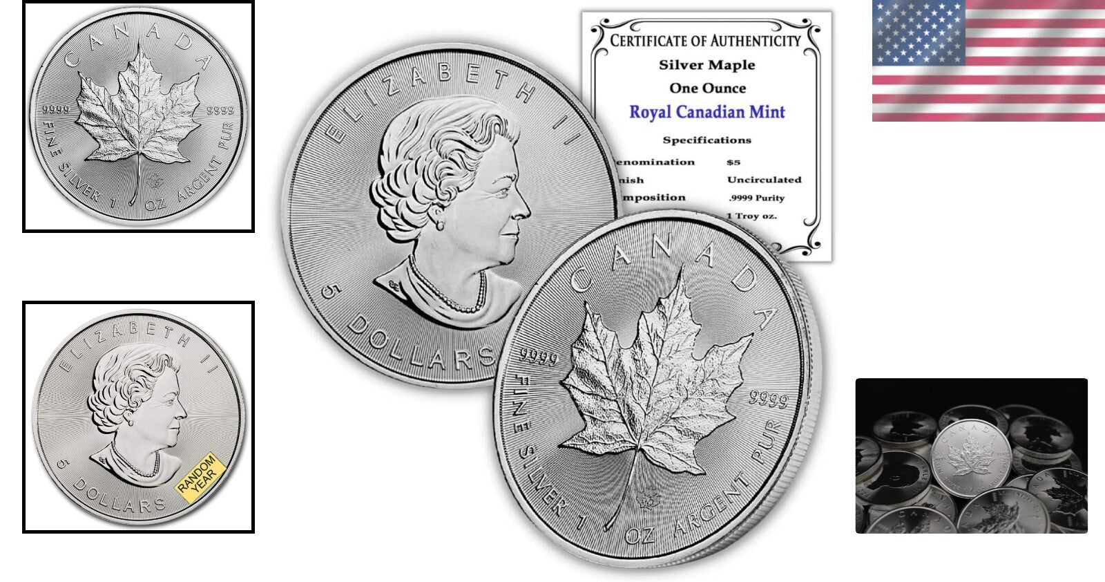 Lustrous Canadian Silver Maple Leaf Coin - $5 Brilliant Uncirculated, 1 Troy Oz