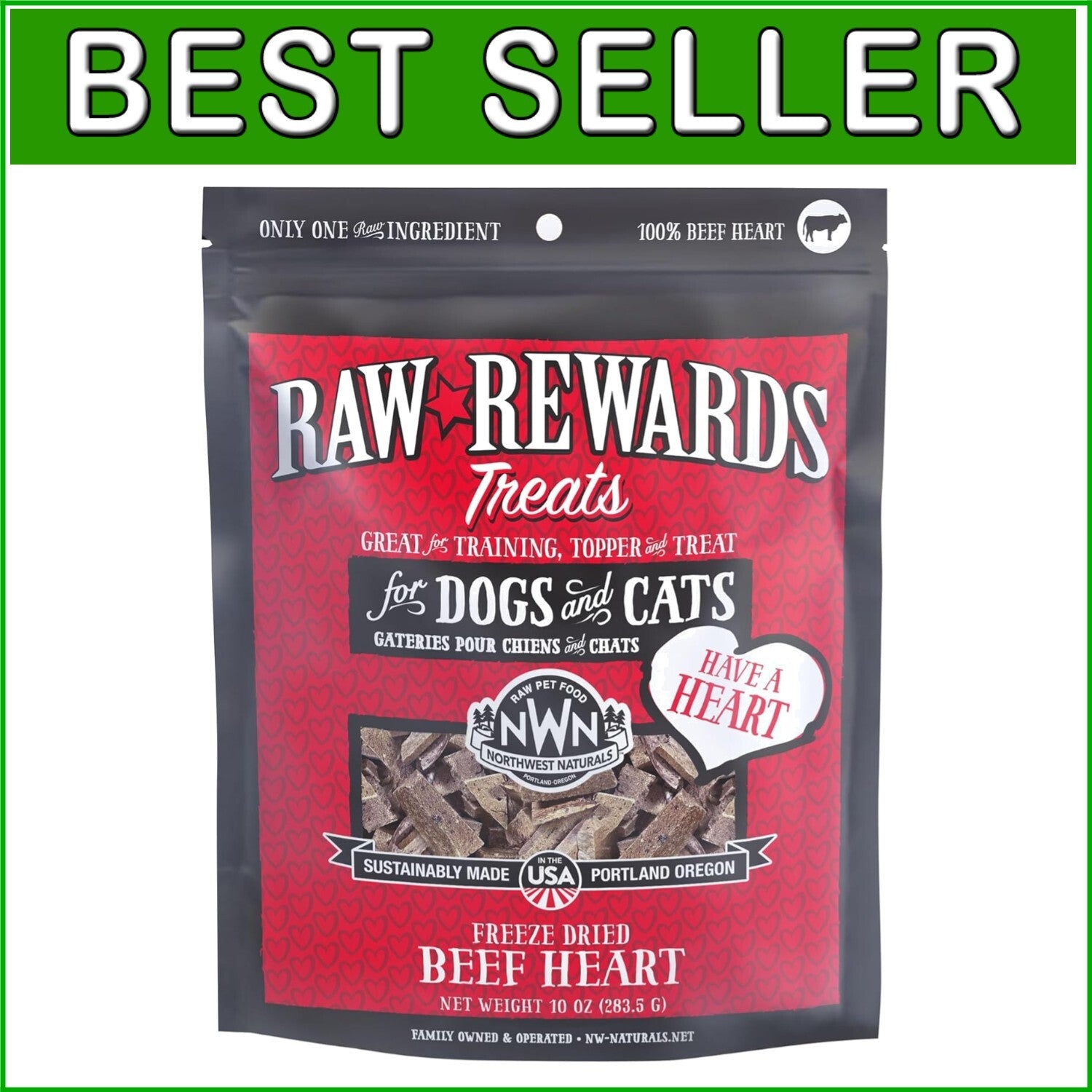 All-Natural 10 Oz Freeze-Dried Beef Heart Treats for Dogs & Cats - Training Aid