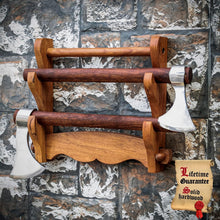 Load image into Gallery viewer, Elegant Two-Tier Solid Wood Sword Display Stand for Katana &amp; Medieval Swords