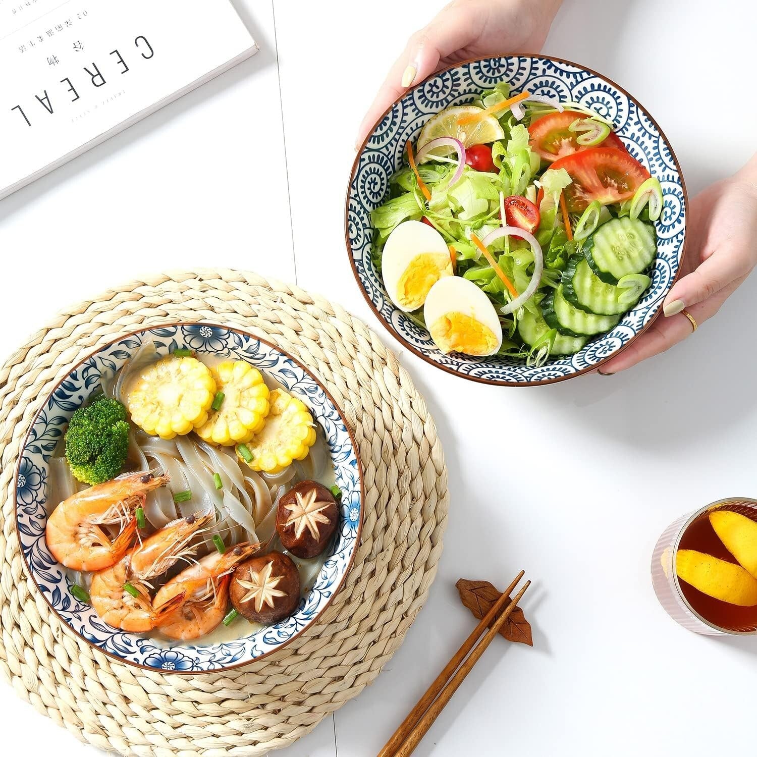 Elegant Ceramic 40 Oz Ramen Bowls Set of 4 - Blue and White Vintage Style