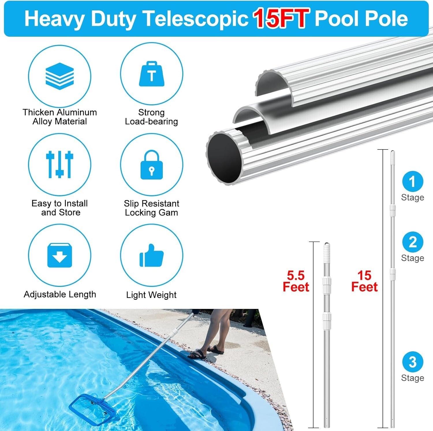 15ft Telescopic Aluminum Pool Cleaning Pole - Heavy Duty, Slip Resistant Design