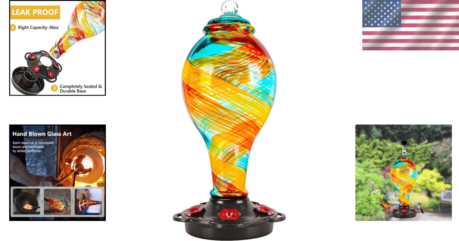 36oz Hummingbird Feeder with Rustproof Base & Ant Moat - Unique Ribbon Design