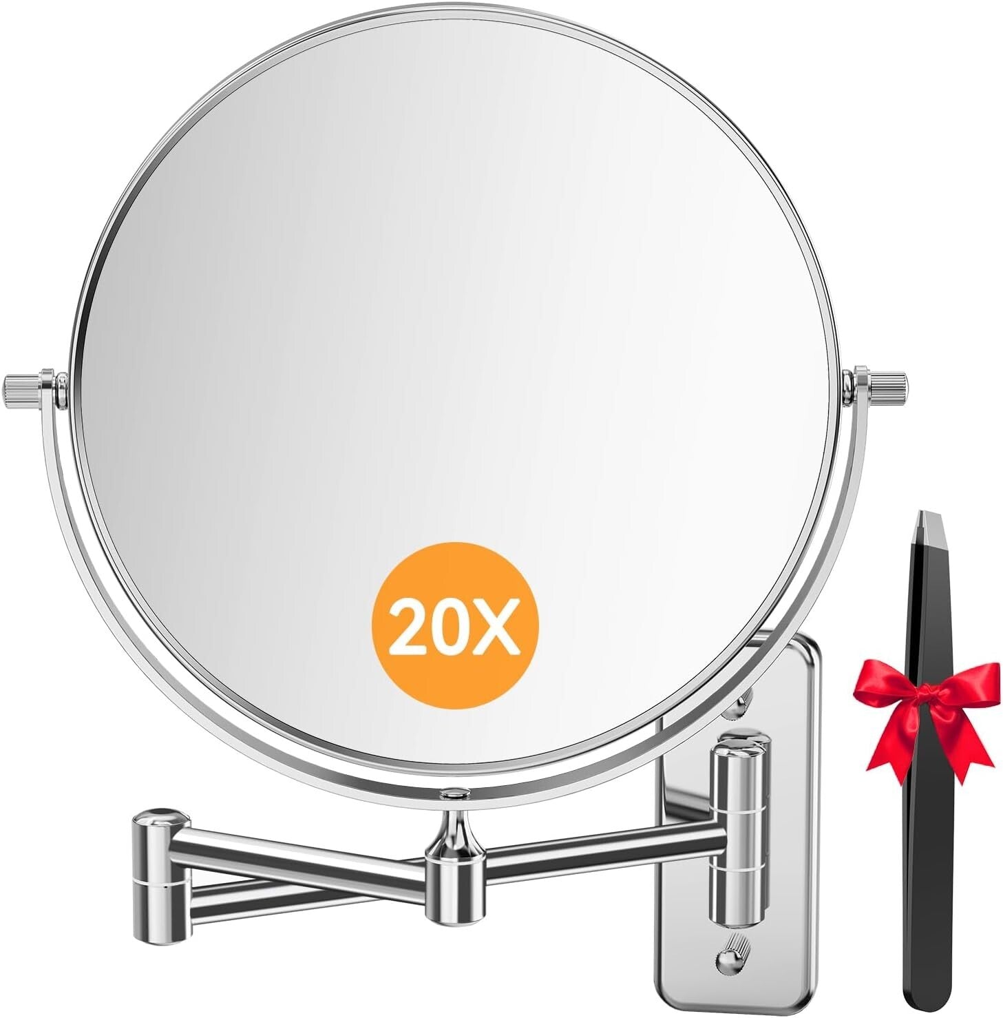 Double-Sided 20X Magnifying Chrome Makeup Mirror with Wall-Mount & Tweezers