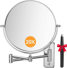 Load image into Gallery viewer, Double-Sided 20X Magnifying Chrome Makeup Mirror with Wall-Mount &amp; Tweezers