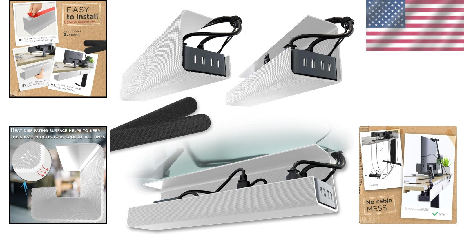 Space-Saving White Cable Organizer Trays - No-Screw Installation for a Neat Desk