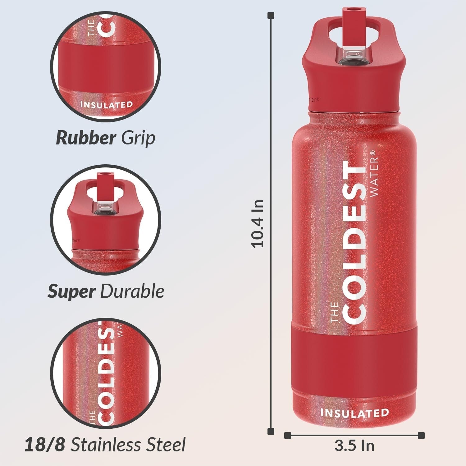 Durable 32 oz Coldest Insulated Bottle with Straw Lid - Stylish Mars Red Glitter