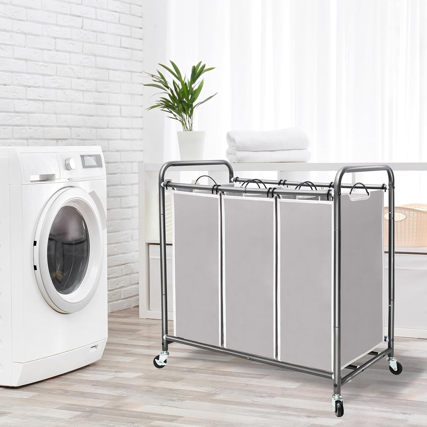Classic Gray 3-Bag Laundry Hamper with Locking Wheeled Design for Convenience