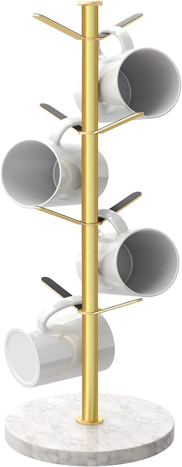 Elegant Gold Mug Holder Tree with Marble Base - 8 Hooks for Stylish Kitchens