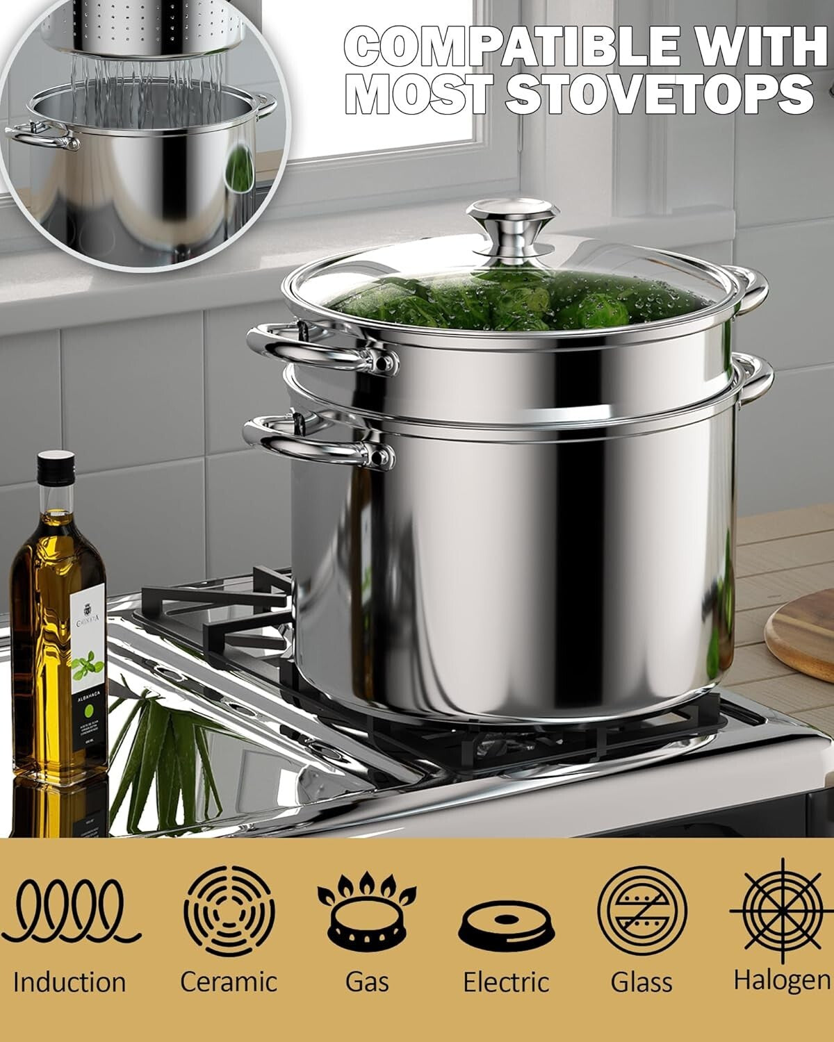8-Quart Multifunctional Pasta & Steamer Set - Induction Ready Stainless Steel