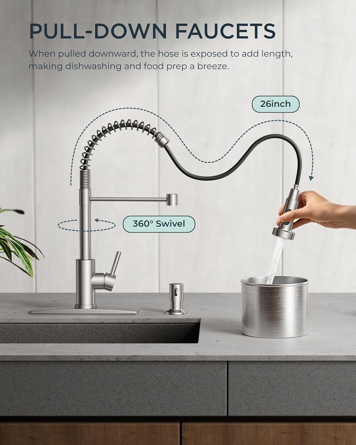 Brushed Nickel Kitchen Faucet with Pull Down Sprayer - Modern Dual Function