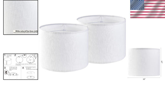 Easy Assembly White Linen Drum Lampshades - 16" Large Set of 2 for Versatile Use
