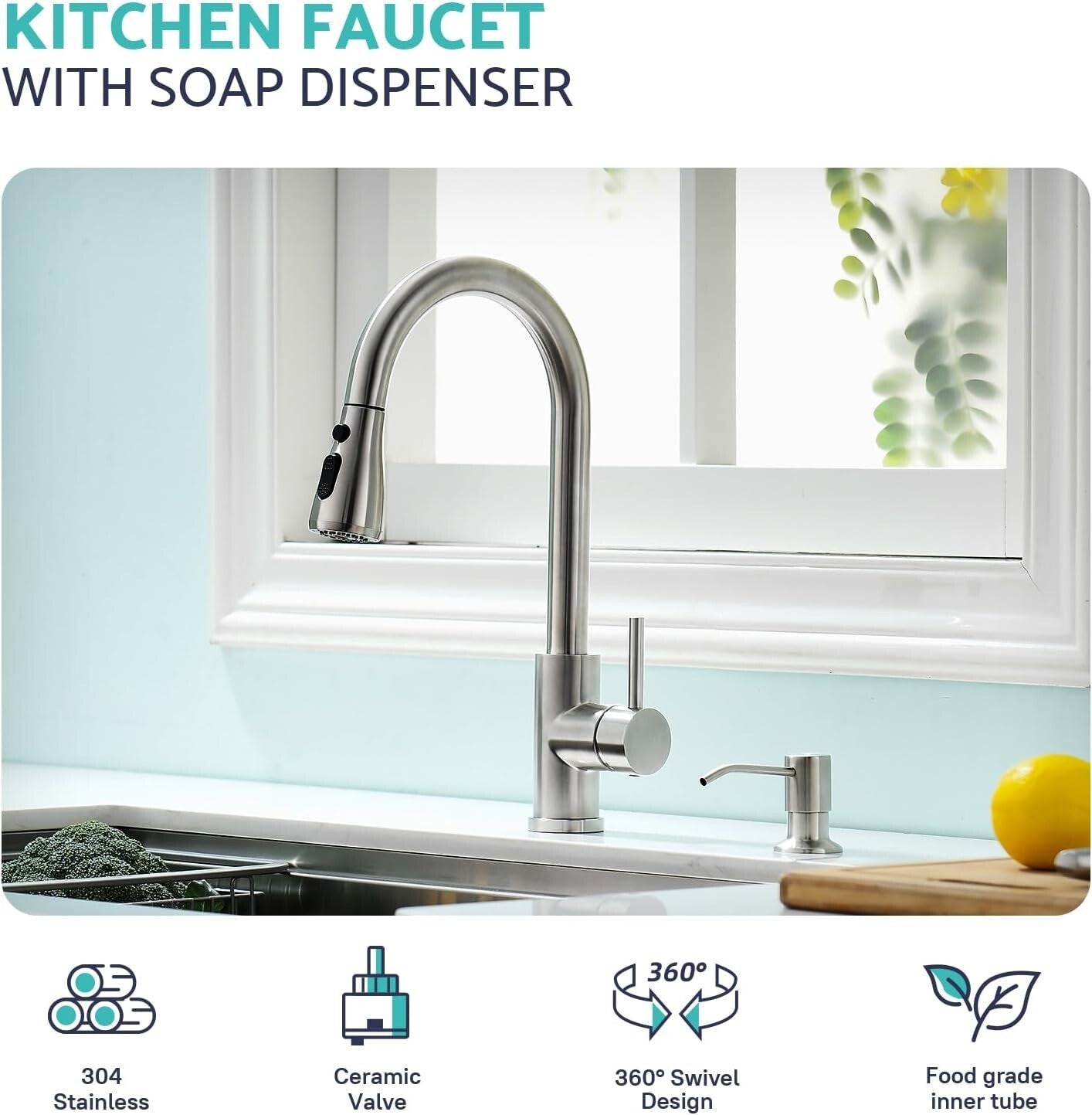Durable Pull Down Kitchen Faucet & Soap Dispenser Combo - Easy Install 304 SS