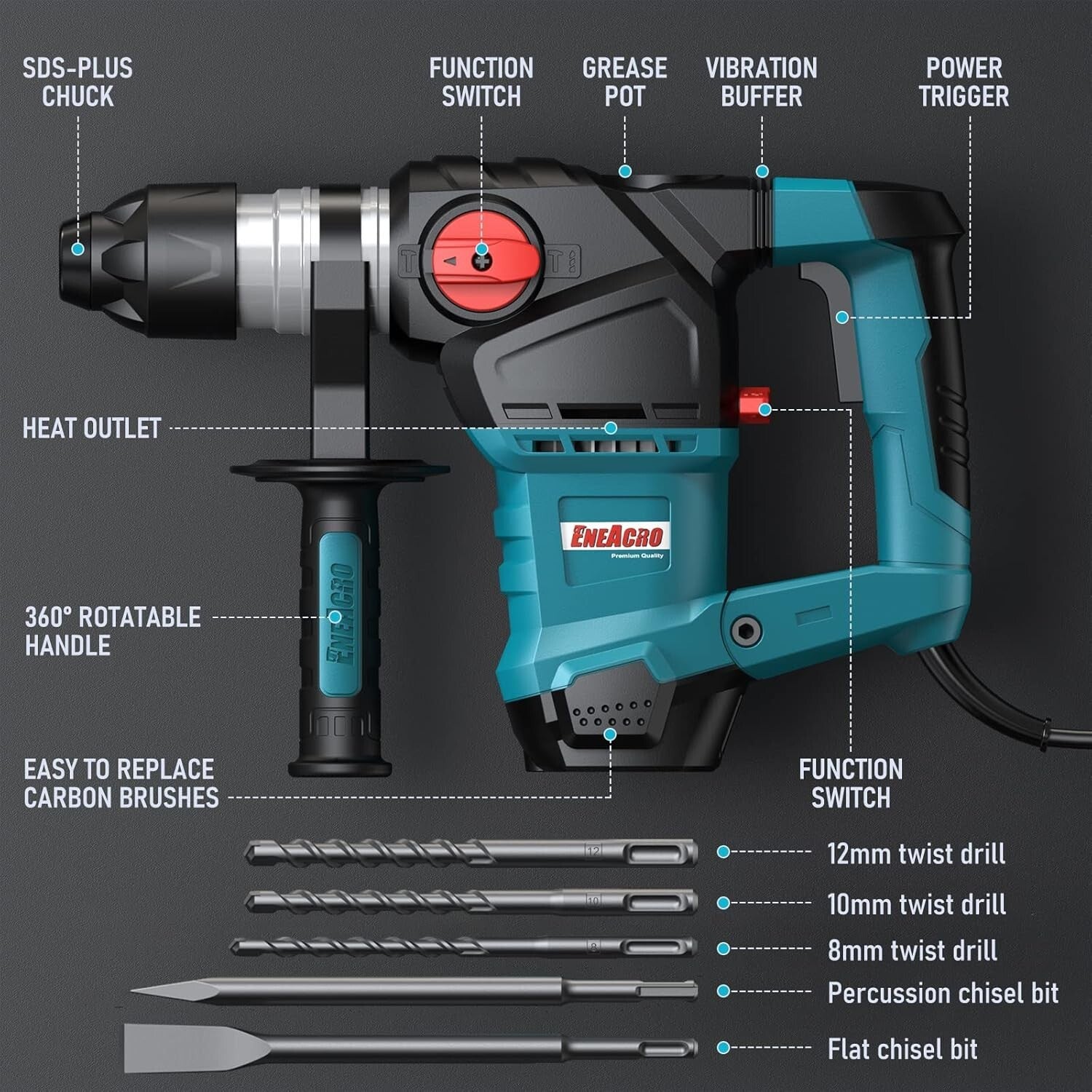 Electric Rotary Hammer Drill - 12.5 Amp with Vibration Control Handle and Case