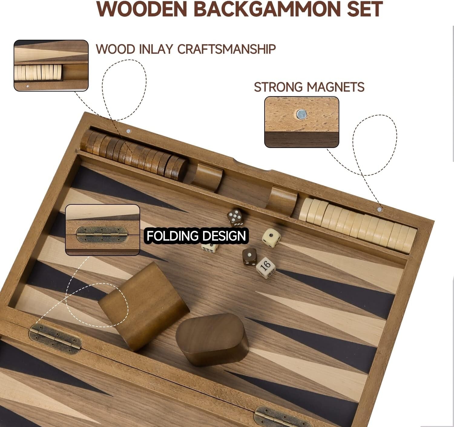 Elegant Wooden Backgammon Board - Complete 20.5" Folding Set with Pieces