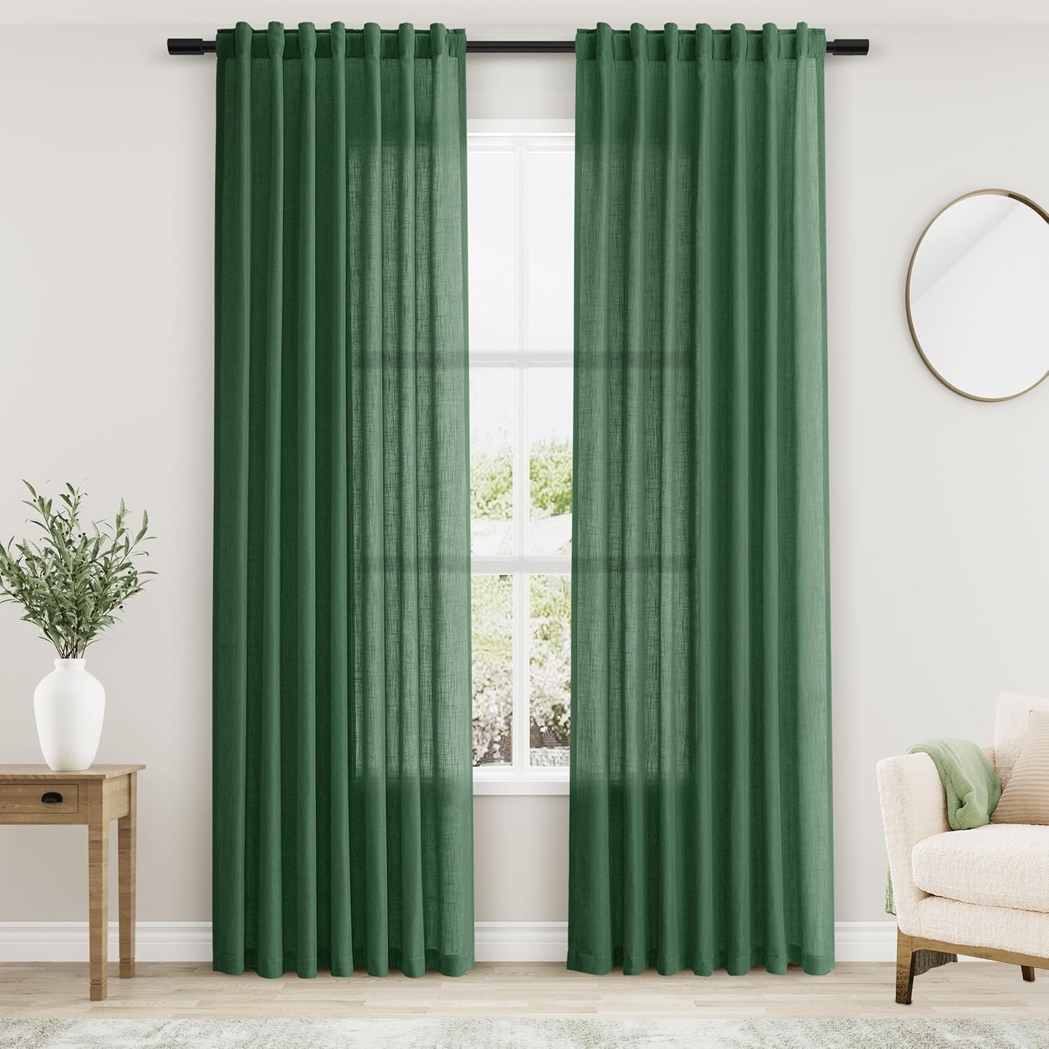 Charming 84" Back Tab Green Linen Curtains - 2 Panels for Modern Farmhouse Decor