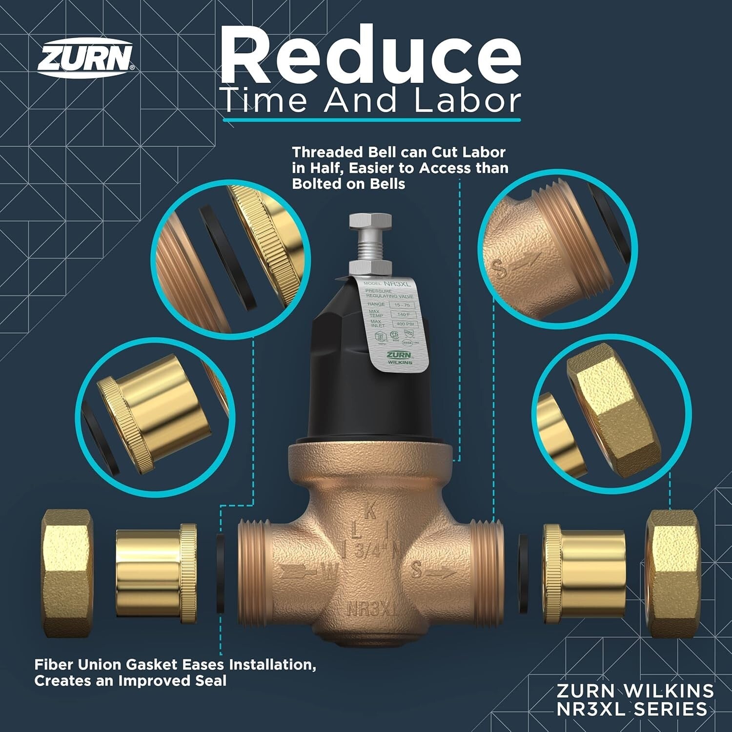 Efficient 3/4" Brass Pressure Reducing Valve with Quick-Access Cartridge Design